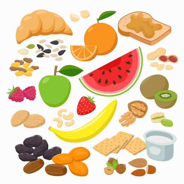 ilustrações de stock, clip art, desenhos animados e ícones de collection of healthy snacks isolated on white background. healthy foods vector illustration in flat design. - dried apple