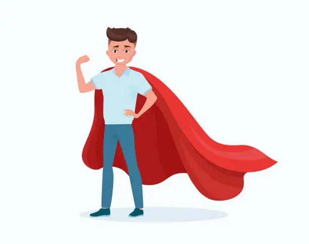 Vector illustration of Man, boy in red cloak saves the world, superman, hero. Male character isolated on white background.