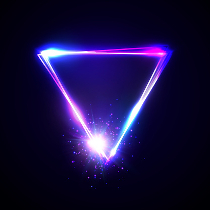 Neon abstract triangle with light star particle. Glowing vintage electric frame. Shining pointer on dark blue background. Design element for ad, sign, poster, banner club bar cafe. Vector illustration