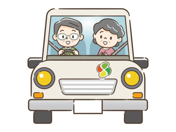 ilustrações de stock, clip art, desenhos animados e ícones de senior couple driving in car - driving car drive women