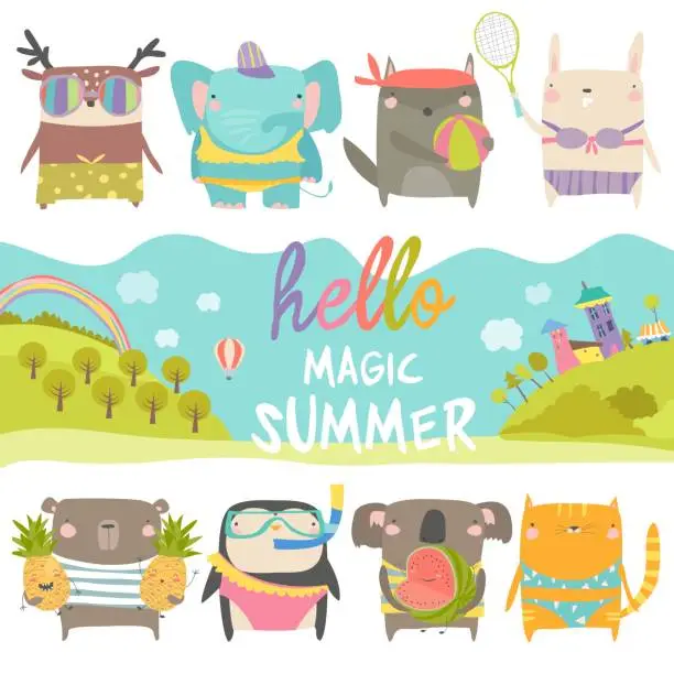 Vector illustration of Set of cute animals with summer theme on white background