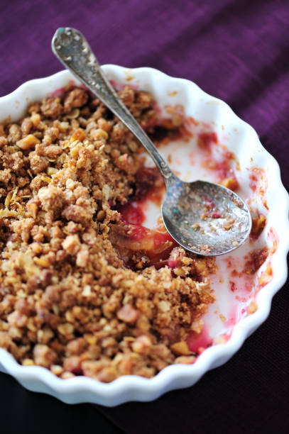 istock Plum crumble dessert in a white dish 115702227