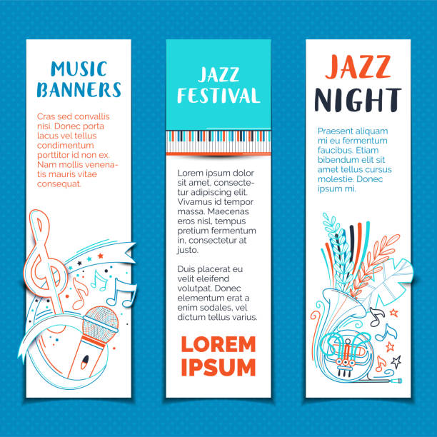 jazz festival handgezeichnetvektor banner vorlagen set - trumpet musical instrument music brass stock-grafiken, -clipart, -cartoons und -symbole