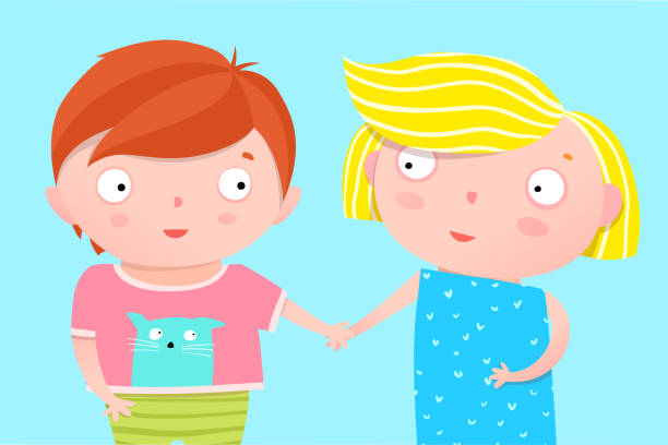 ilustrações de stock, clip art, desenhos animados e ícones de cute kids nursery poster design brother and sister holding hands - illustration and painting watercolor painting people couple