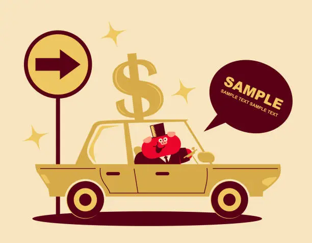 Vector illustration of Cute pig businessman driving a car with dollar sign