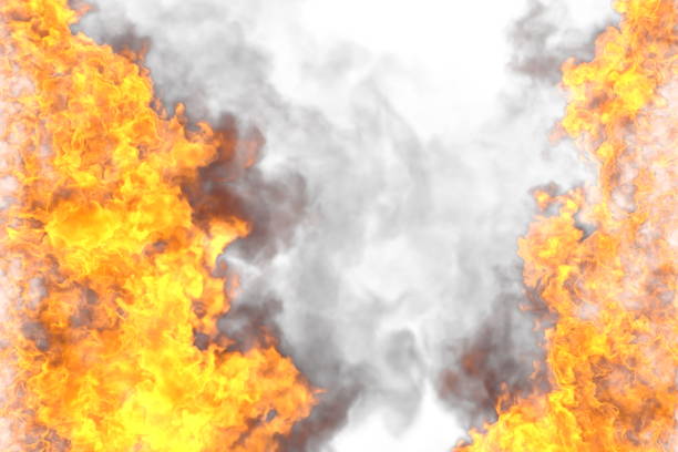 Fire 3D illustration of flaming fantasy hell frame isolated on white background - top and bottom are empty, fire lines from sides left and right