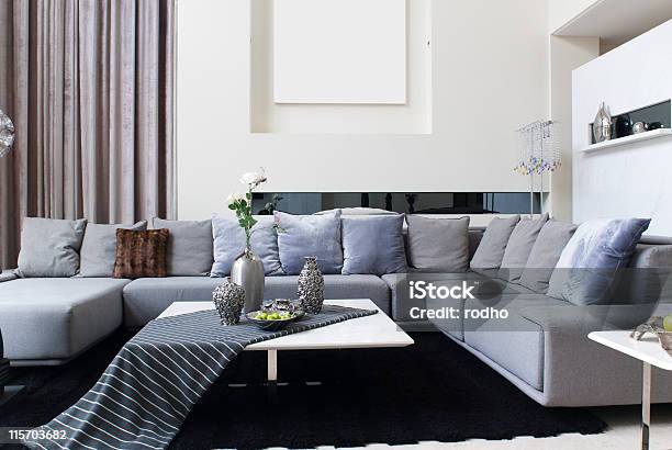 Chic Clean Living Room With Gray Tones Stock Photo - Download Image Now - Chaise Longue, Indoors, Lifestyles