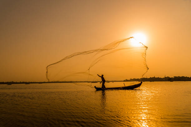 silhouette asiatischer fischer auf holzboot gießen ein netz für süßwasserfische an der u bein bridge,mandalay, myanmar (burma) in den frühen morgenstunden vor sonnenaufgang - fishing net stock-fotos und bilder