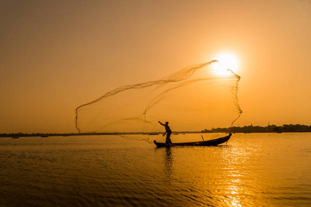 silhouette pescatore asiatico su barca di legno che getta una rete per pesci d'acqua dolce al ponte u bein, mandalay, myanmar (birmania) la mattina presto prima dell'alba - fishing net foto e immagini stock