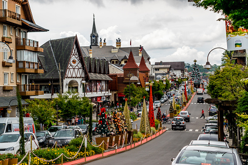 Gramado, Rio Grande do Sul, Brazil - December 29, 2016: Photograph of Gramado with the decoration of Christmas. Image taken two days before the Reveillón. In the image we can see several tourists visiting the city and shopping taking into account that the trade at this time of year is very busy.