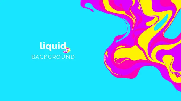 Vector illustration of Abstract liquid background, in vibrant purple, pink and yellow ink on blue