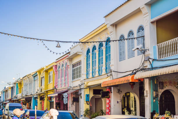 Street in the Portugese style Romani in Phuket Town. Also called Chinatown or the old town Street in the Portugese style Romani in Phuket Town. Also called Chinatown or the old town. phuket province stock pictures, royalty-free photos & images