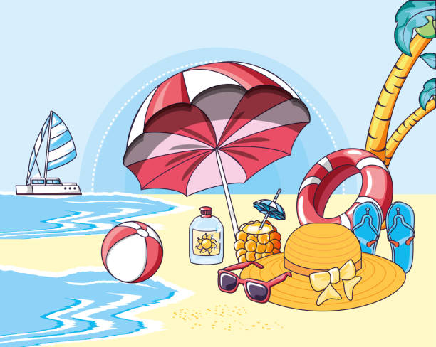 sommer strand poster mit ikonen des urlaubs - fashion group of objects shoe boot stock-grafiken, -clipart, -cartoons und -symbole