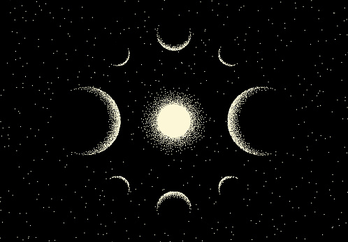 Space landscape with scenic view on planet and stars made with retro styled dotwork