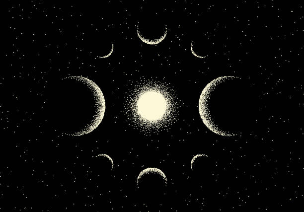 Space landscape with scenic view on planet and stars made with retro dotwork style Space landscape with scenic view on planet and stars made with retro styled dotwork planetary moon illustrations stock illustrations