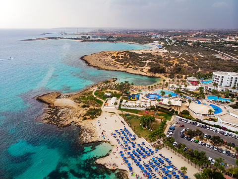 Top view of the city of Cyprus and the city of Ayia NAPA. Air view of the resort Mediterranean coastal city.