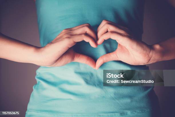 Woman Hands Making A Heart Shape On Her Stomach Healthy Bowel Degestion Probiotics For Gut Health Stock Photo - Download Image Now