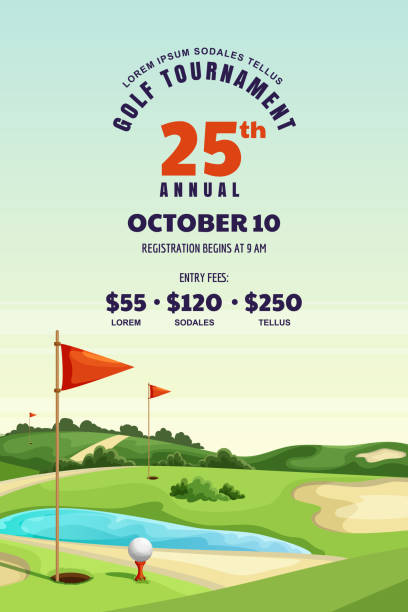 golf turnuvası, poster, afiş tasarım şablonu. golf sahası vektör illustration. yaz peyzaj arka plan - golf stock illustrations