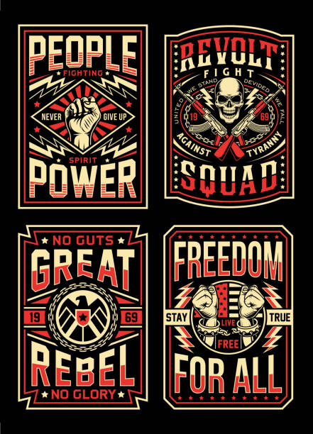 ilustraciones, imágenes clip art, dibujos animados e iconos de stock de vintage propaganda camiseta diseños colección - freedom fighter