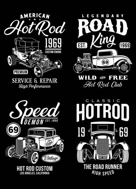ilustraciones, imágenes clip art, dibujos animados e iconos de stock de vintage hot rod graphic camisetas colección - bólido