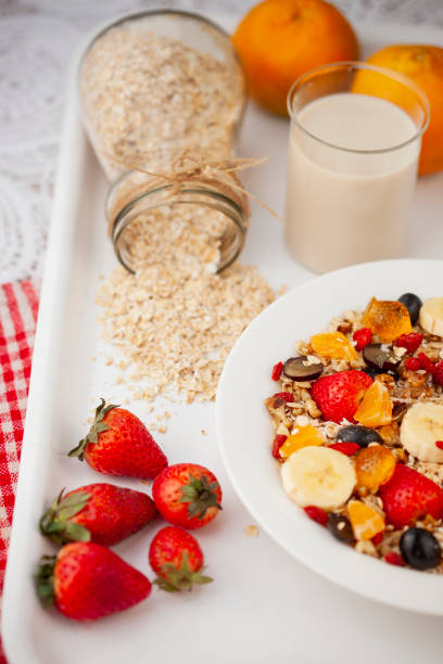 istock Healthy oats breakfast with various fruit toppings and soy milk. 1157062781