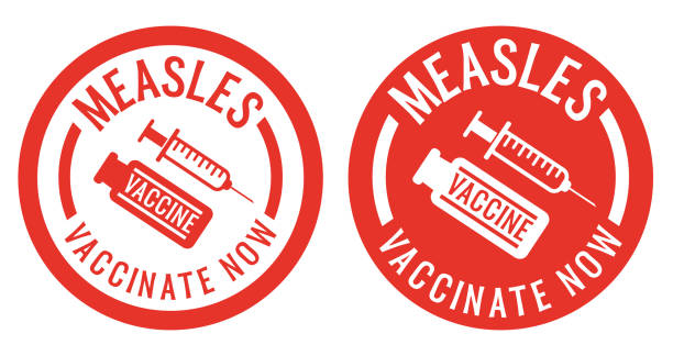 measles vaccination stickers or stamps with syringe and vaccine icon red measles vaccination stickers or stamps with syringe and vaccine icon measles illustrations stock illustrations