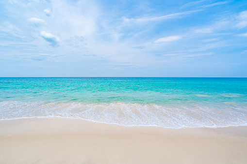 Pristine white sand beach on a summers day with clear blue sky. Photographed at Hyams Beach, NSW, Australia.