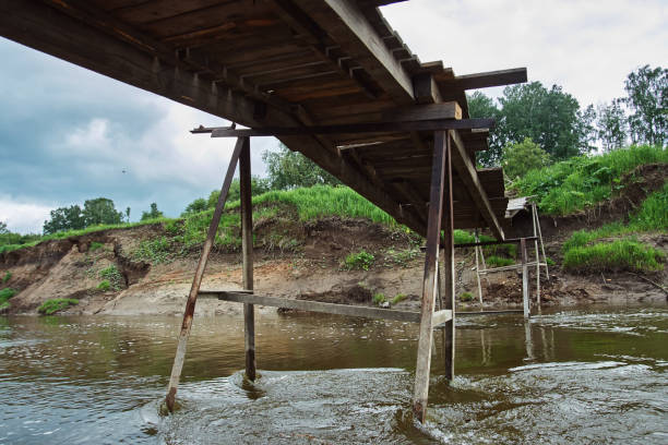 Old Wooden Bridge over Green Water Aerial Perspective