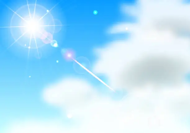 Vector illustration of Blue sky with white clouds and shining sun. Vector illustration.