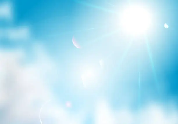 Vector illustration of Blue sky with white clouds and shining sun. Vector illustration.