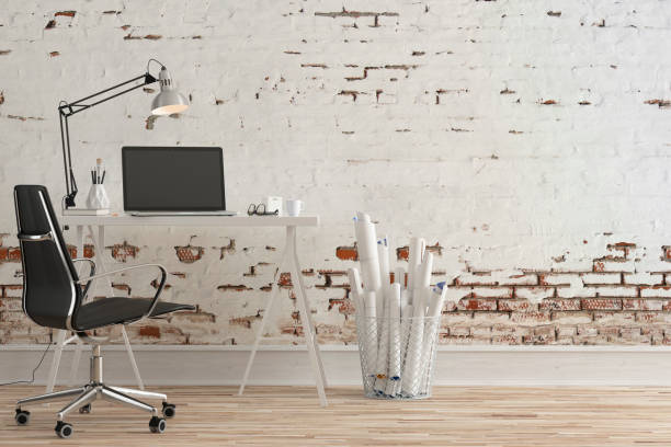istock Workdesk with decoration and copy space - ruined wall 1157069244