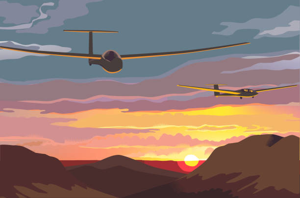 Gliders over countryside Gliders flying over countryside in traditional cross hatch style. gliding stock illustrations