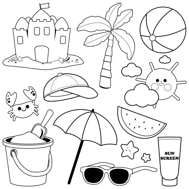 illustrations, cliparts, dessins animés et icônes de éléments de conception de vacances de plage de thème d'été. vector noir et blanc coloriage page - beach ball ball beach white