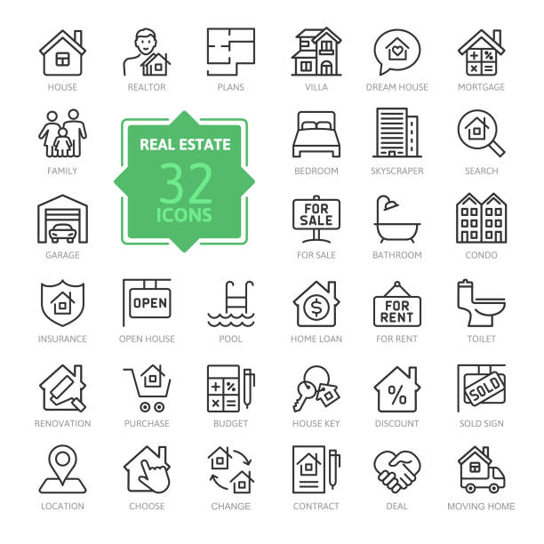 real estate minimalny cienkiej linii web zestaw ikon. kolekcja ikon konspektu. - computer icon symbol icon set real estate stock illustrations