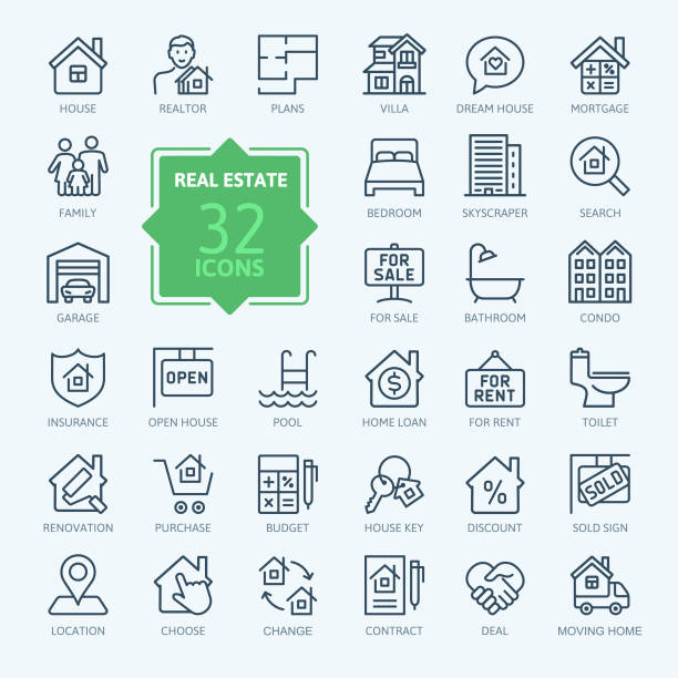 Real Estate minimal thin line web icon set. Outline icons collection. Real Estate minimal thin line web icon set. 
Included the icons as realty, property, mortgage, home loan and more. 
Outline icons collection. Simple vector illustration. home ownership stock illustrations