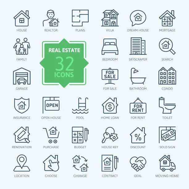 Vector illustration of Real Estate minimal thin line web icon set. Outline icons collection.