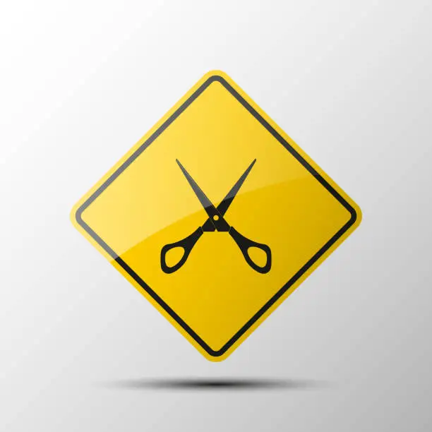Vector illustration of yellow diamond road sign with a black border and an image scissors on white background. Illustration. Tailor icon