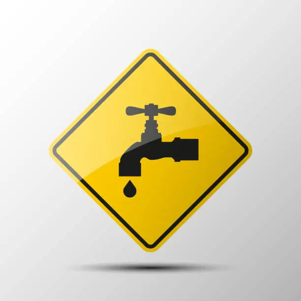 Vector illustration of yellow diamond road sign with a black border and an image faucet on white background. llustration. Drinking water icon. The ability to have a drink and get water