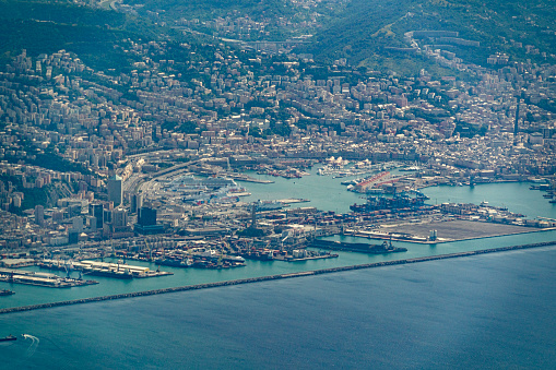 genoa airport and harbor aerial view panorama from airplane