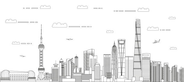 Shanghai cityscape line art style vector detailed illustration. Travel background vector art illustration