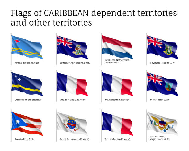 Curved flags of Caribbean dependent territories Curved flags of Caribbean dependent territories. Officially recognized flag of state on flagpole isolated on white background. Realistic national and political identity. Patriotic vector illustration. caiman stock illustrations