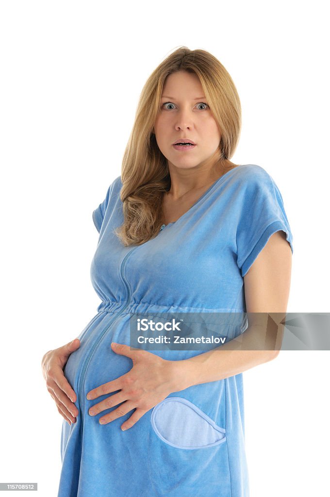 Espantado mulher grávida no roupão - Foto de stock de 30 Anos royalty-free