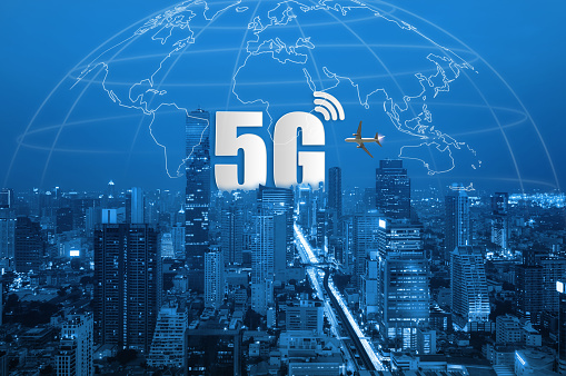 5G network wireless systems and Smart city communication network on smartphone, connect global wireless devices.