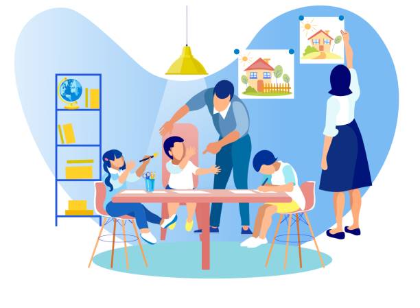 Children Drawing Sitting at Table in Kindergarten Mother and Father Spending Time with Little Kids, Children Drawing Sitting at Table, Woman Hanging Picture on Wall, Man Communicating with Babies. Kindergarten Class Cartoon Flat Vector Illustration hanging art on wall stock illustrations