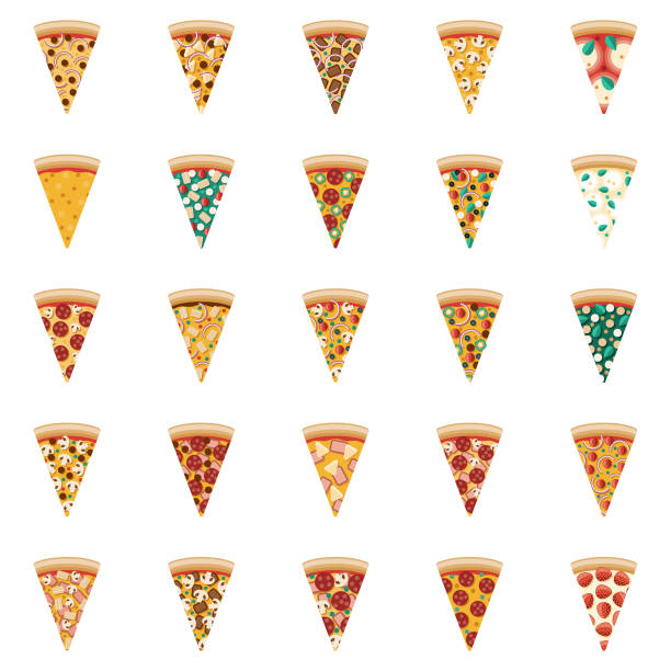 illustrazioni stock, clip art, cartoni animati e icone di tendenza di set di icone fette di pizza - pizza margherita