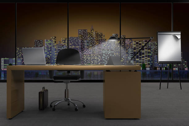 istock Office desk with city view -3D illustration 1157088542