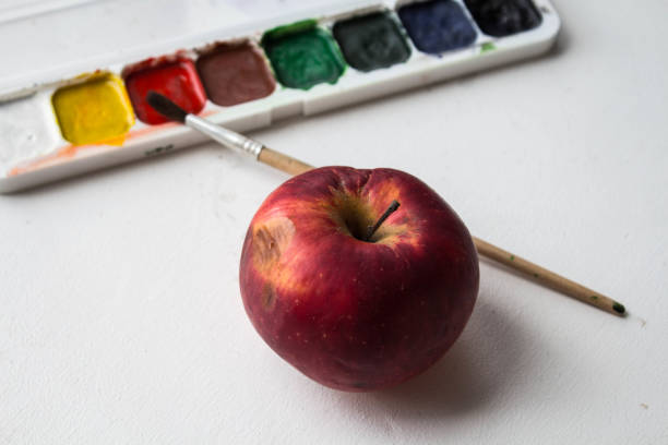 istock a red apple and watercolor paint and brush on white background 1157089837