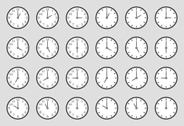 ilustrações de stock, clip art, desenhos animados e ícones de analog clock icons. sticker design. vector illustration. - minute hand number 10 clock hand number 11