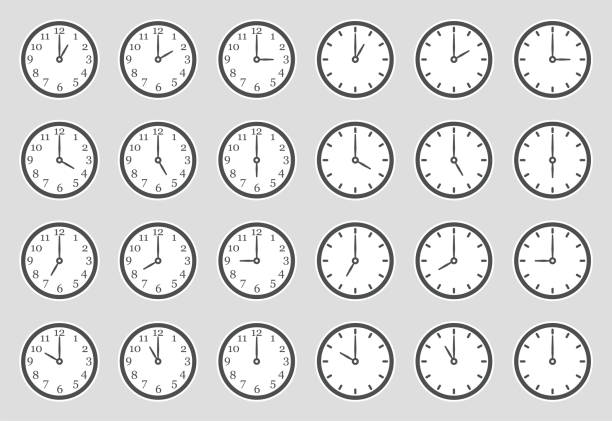 аналоговые значки часов. дизайн наклейки. векторная иллюстрация. - clock face clock number 6 time stock illustrations