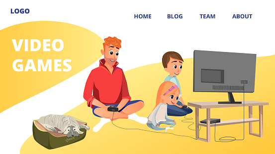 Video Games Banner. Cartoon Man, Boy, Girl Play Videogame Sit on Floor Room Vector Illustration. Dad Brother Sister Gaming. Family Entertainment. Father Son Daughter Gamer Leisure.